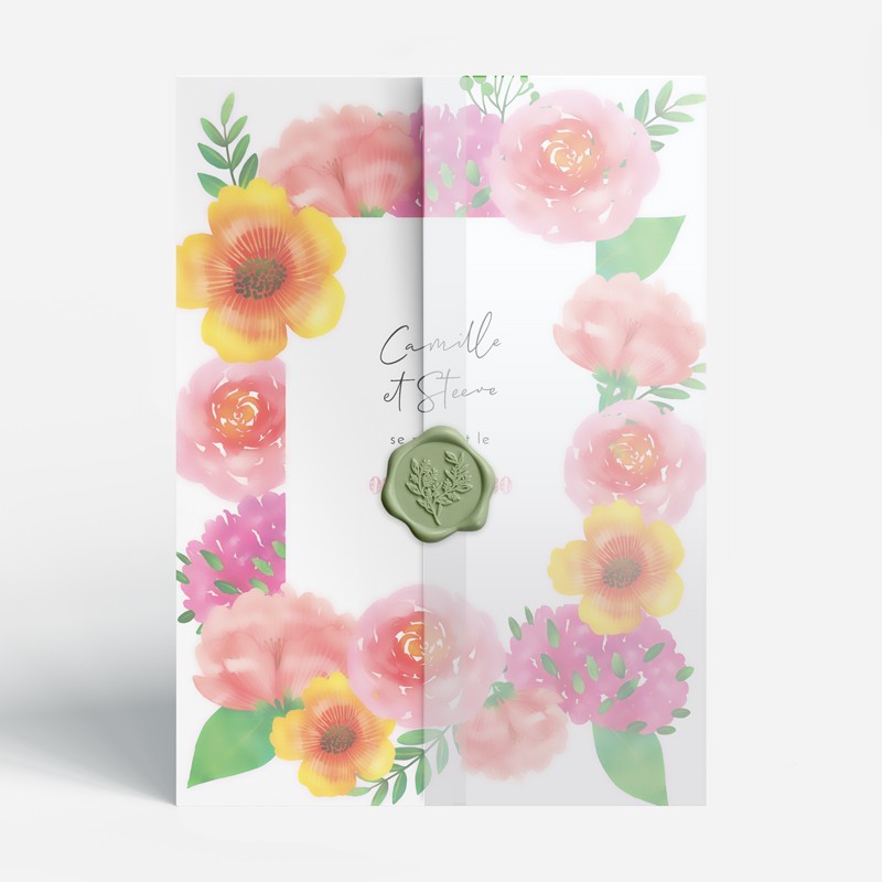 Faire-part mariage fleurs colorées aquarelle,  calque transparent, cachet de cire