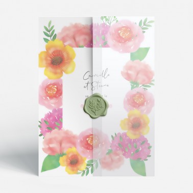 Faire-part mariage fleurs colorées aquarelle,  calque transparent, cachet de cire